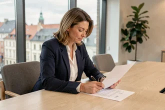 Consultante indépendante examinant un contrat de portage salarial au Luxembourg dans un bureau moderne