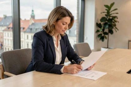 Consultante indépendante examinant un contrat de portage salarial au Luxembourg dans un bureau moderne