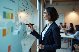 Consultante en transformation digitale présentant une feuille de route stratégique sur tableau blanc dans un bureau moderne