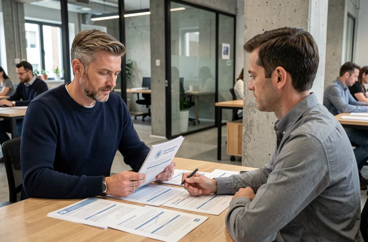 Entrepreneur masculin en consultation avec un conseiller pour choisir le meilleur régime de protection sociale lors de la création de sa micro entreprise