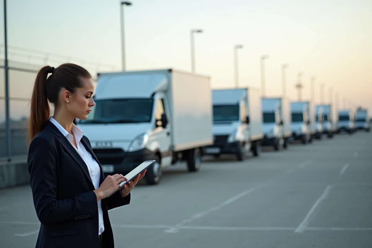 Coordonnatrice logistique v&eacute;rifie une flotte de v&eacute;hicules ext&eacute;rieurs