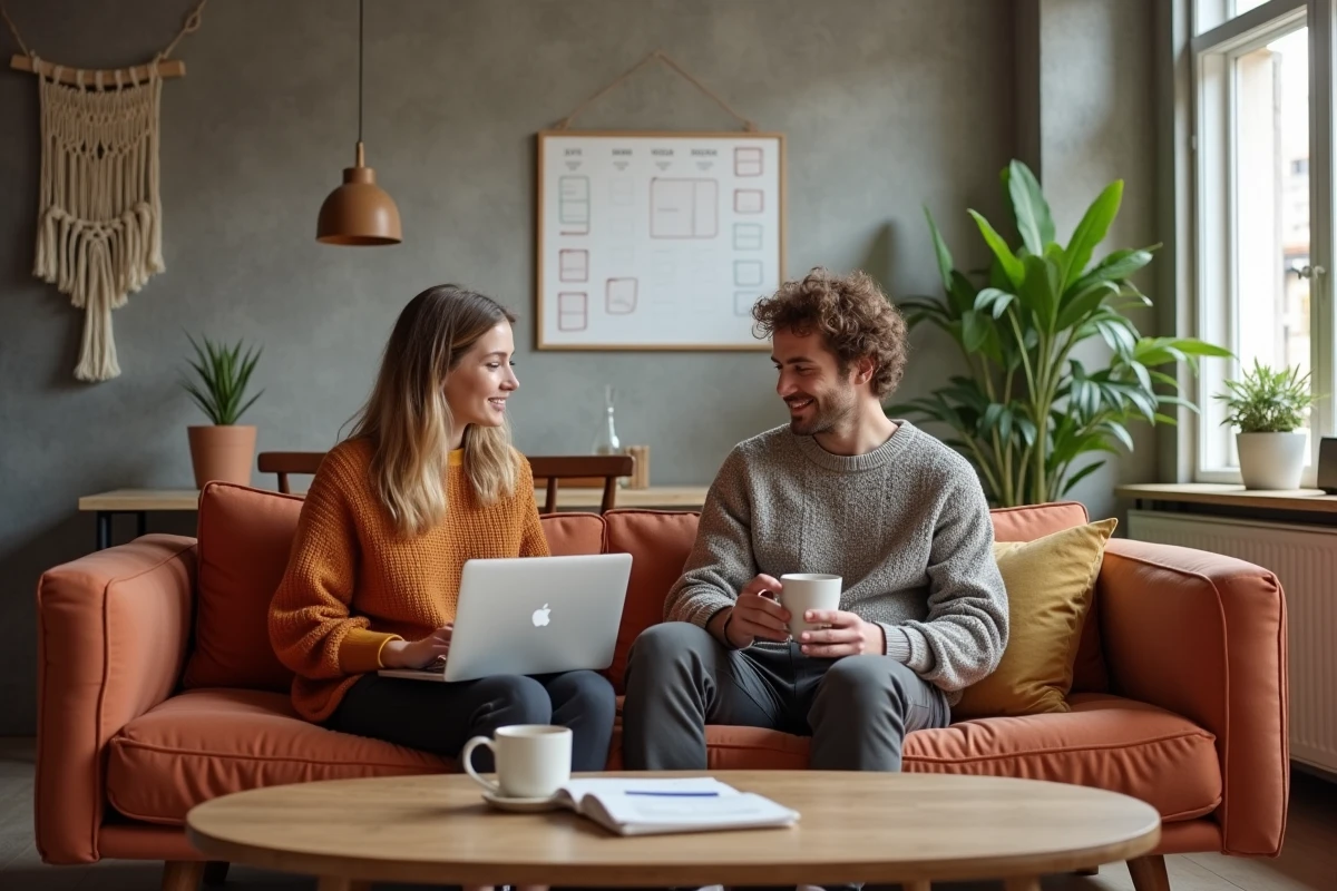 Couple en télétravail full remote gérant équilibre vie pro et perso dans un appartement moderne à Lyon
