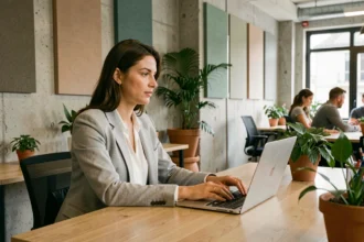 Femme travaillant dans un espace de coworking moderne à La Garenne-Colombes avec bureau en bois et murs en béton