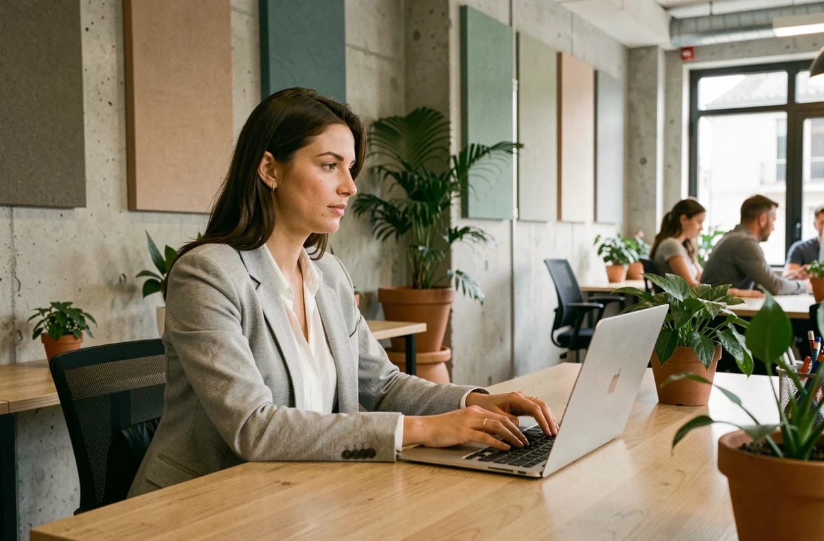 Femme travaillant dans un espace de coworking moderne à La Garenne-Colombes avec bureau en bois et murs en béton