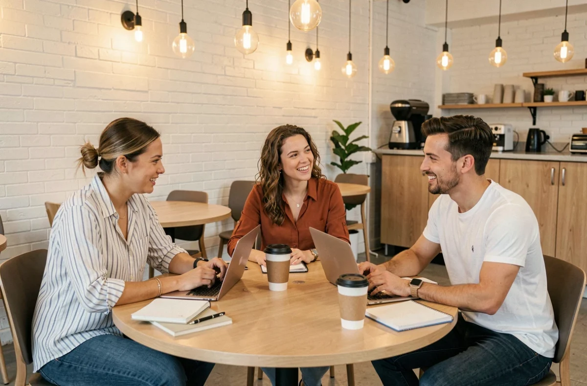 Groupe de professionnels en réunion informelle dans un espace de coworking partagé à La Garenne-Colombes