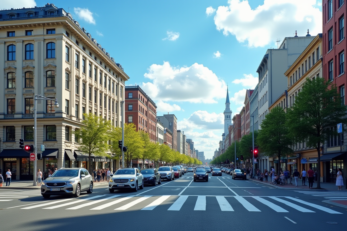 Intersection urbaine avec véhicules et piétons en journée
