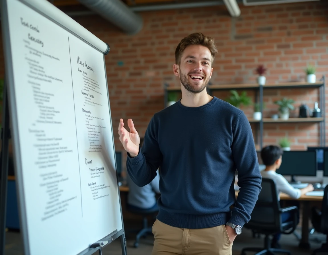 Développeur expliquant du code au tableau blanc lors d'un entretien pour un poste junior en Bug Four
