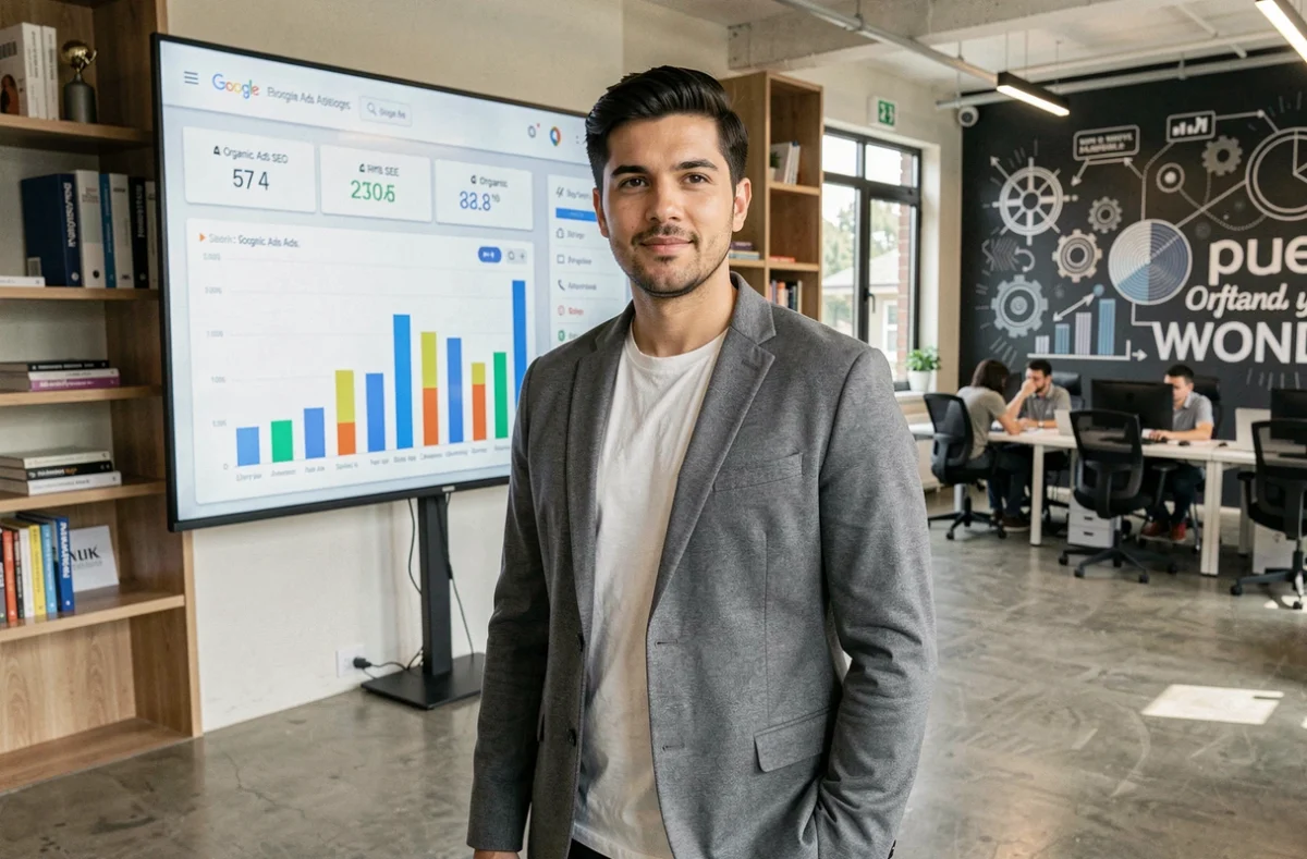 Expert en SEO et marketing digital de Digiflow présentant des résultats de performance devant un tableau de bord analytique