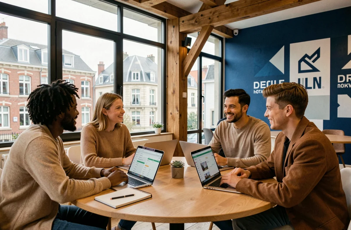 Équipe de l'agence Digitalille en réunion de stratégie digitale dans un espace de coworking du nord de la France