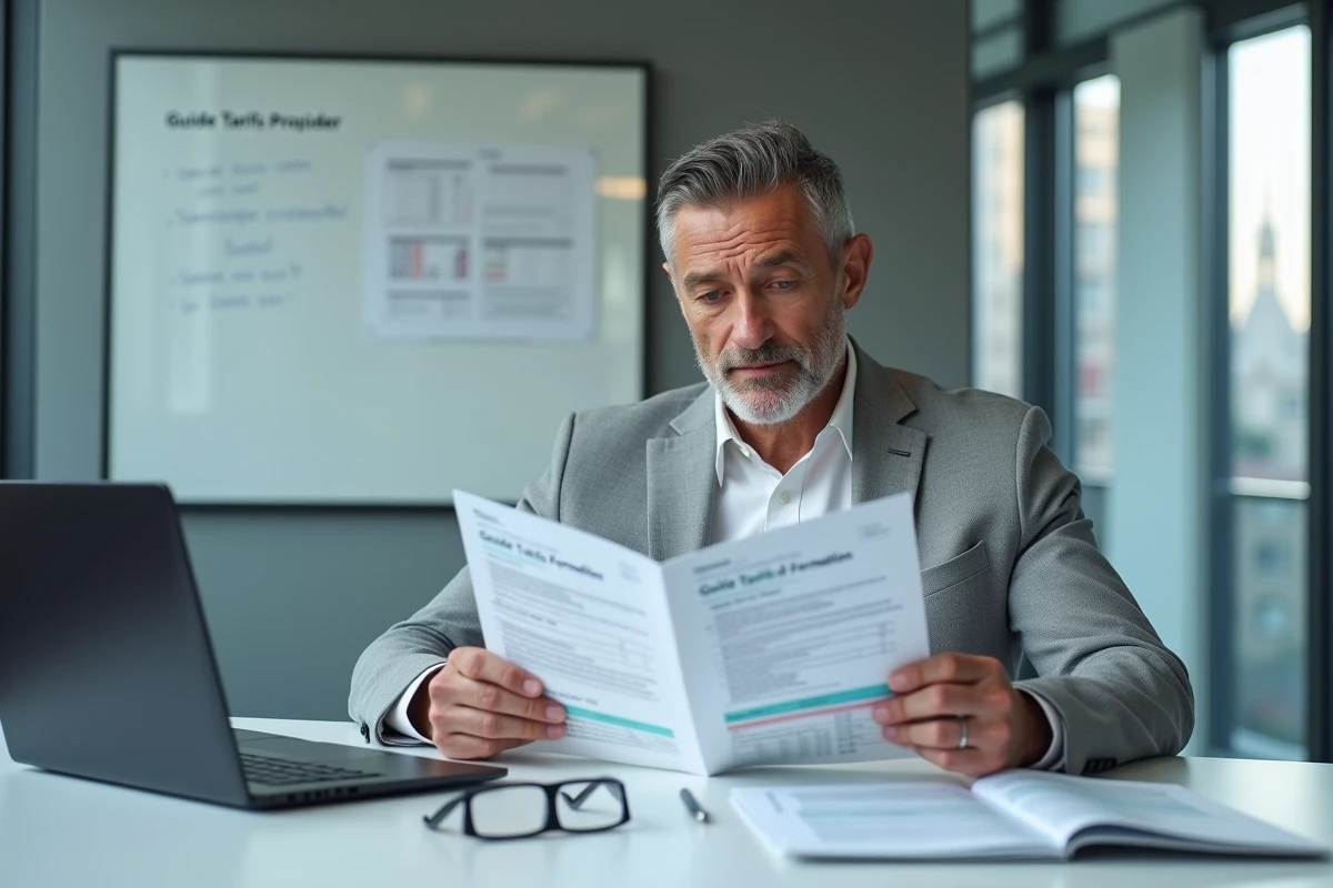 Directeur RH analysant un guide de prix de formation professionnelle en salle de réunion