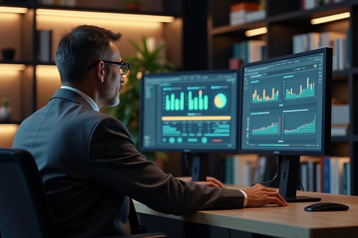 Dirigeant analysant un cadre de gouvernance digitale sur double écran dans un bureau exécutif moderne