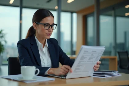 Femme dirigeante en entreprise B2B consultant des documents de conformité réglementaire sur ordinateur portable dans un bureau moderne