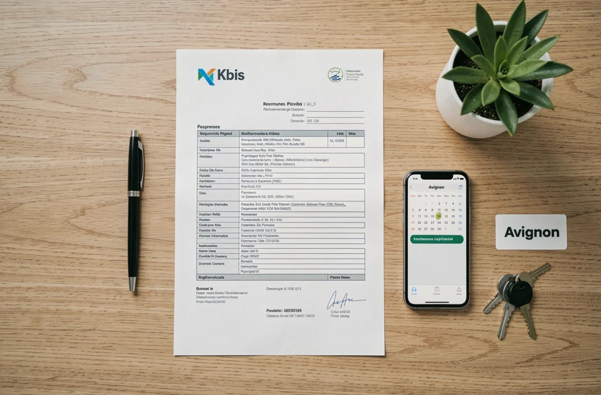 Documents officiels de domiciliation d'entreprise posés sur un bureau, incluant un extrait Kbis et une adresse à Avignon