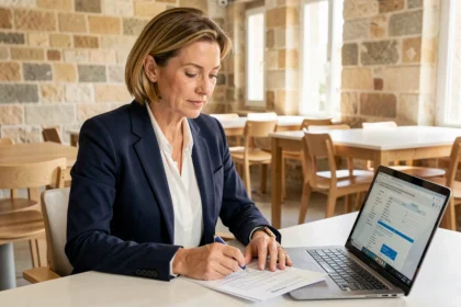 Femme entrepreneur en train de remplir des documents de domiciliation d'entreprise dans un espace de coworking à Avignon