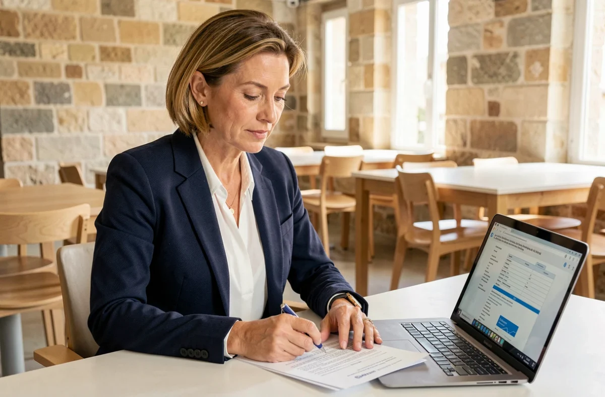 Femme entrepreneur en train de remplir des documents de domiciliation d'entreprise dans un espace de coworking à Avignon