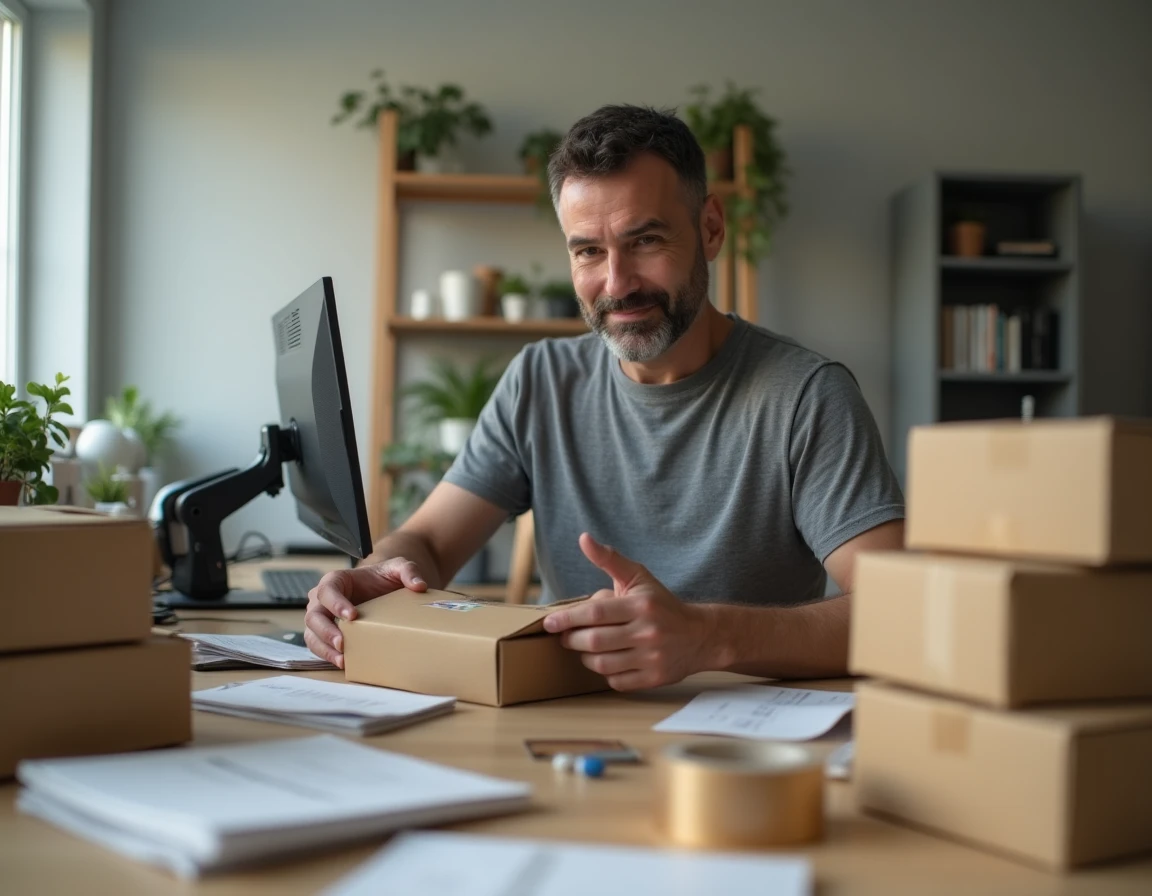 Homme réalisant de l'emballage à domicile dans un bureau personnel avec des cartons et une imprimante d'étiquettes