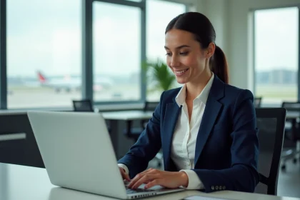 Employée Air France consultant son portail de carrière Intralignes sur un ordinateur portable dans un bureau moderne avec vue sur le tarmac