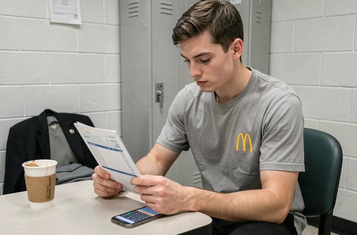 Jeune employé McDo consultant sa fiche de paie dans la salle de pause après un shift week-end
