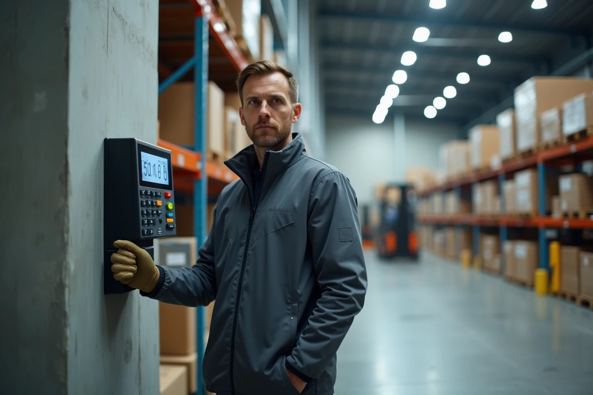 Employé d'entrepôt pointant ses heures de travail du dimanche sur un terminal de pointage