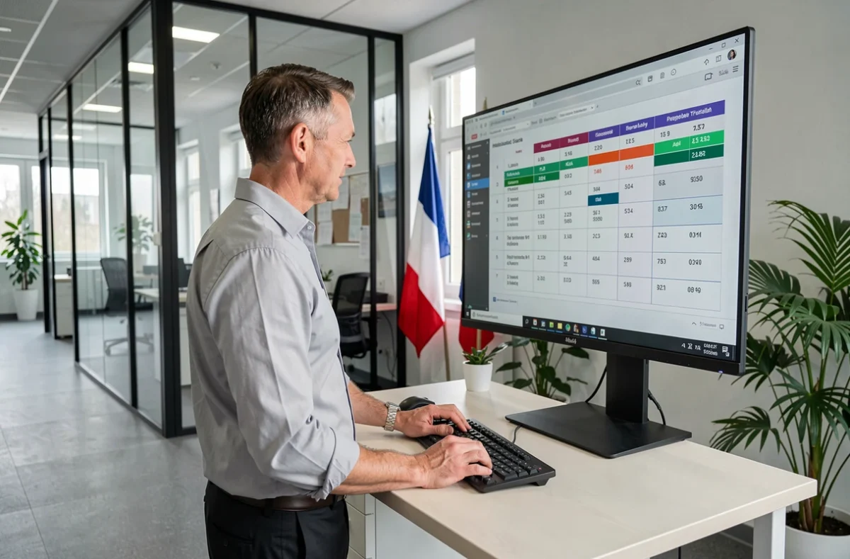 Employé du secteur public consultant une grille salariale sur écran dans un bâtiment municipal moderne