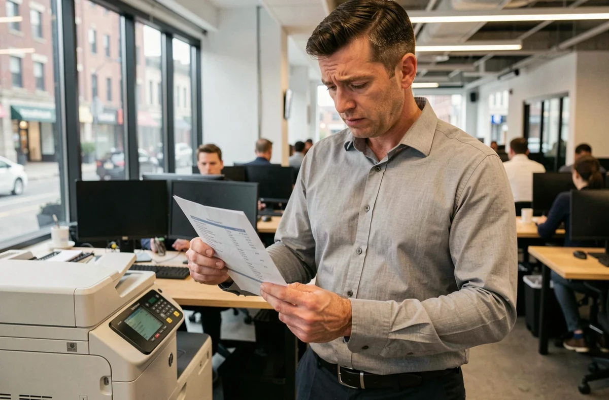 Employé de bureau examinant attentivement sa fiche de paie pour vérifier les cotisations patronales Urssaf