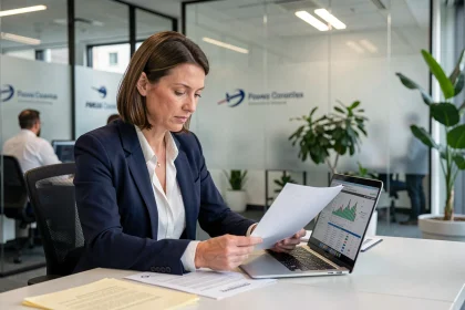 Employée de Dassault Aviation consultant des documents de subvention du CSE dans un bureau moderne