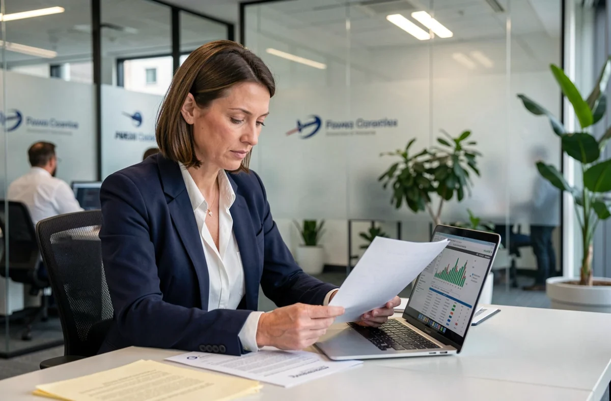 Employée de Dassault Aviation consultant des documents de subvention du CSE dans un bureau moderne