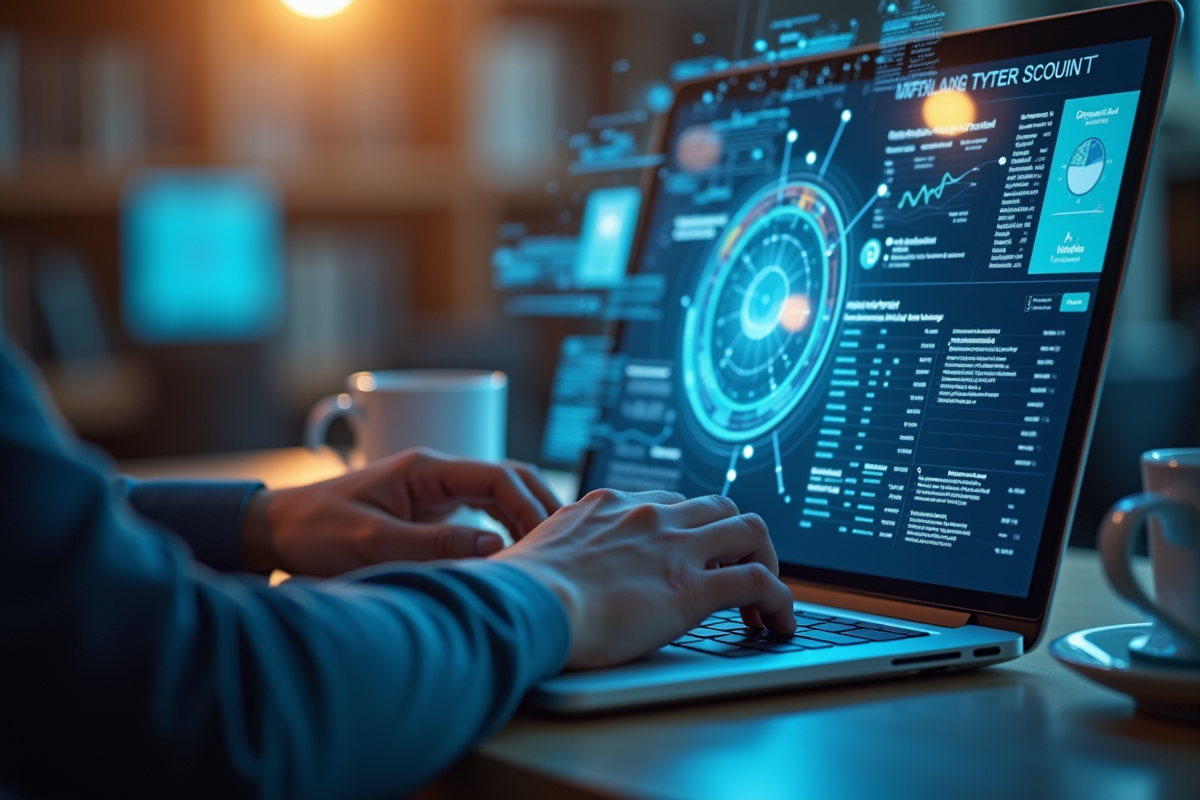 Employe utilisant un ordinateur avec interface d