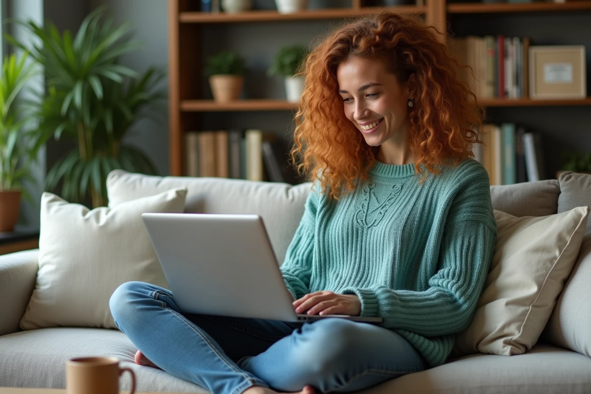 Employée en télétravail soumettant une demande de congé via un logiciel RH sur son ordinateur portable