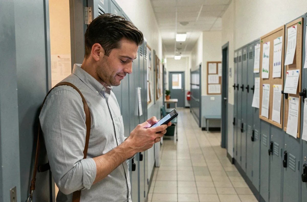 Enseignant consultant son emploi du temps sur smartphone dans un couloir d'établissement scolaire en France