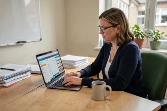Enseignante utilisant un logiciel de gestion scolaire sur ordinateur portable dans une salle des professeurs moderne