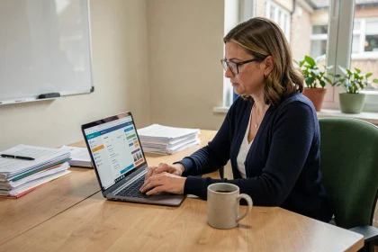 Enseignante utilisant un logiciel de gestion scolaire sur ordinateur portable dans une salle des professeurs moderne
