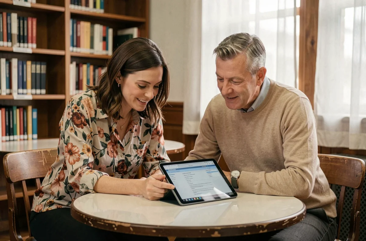 Deux enseignants collaborant sur une tablette numérique dans une bibliothèque scolaire pour optimiser leur organisation pédagogique