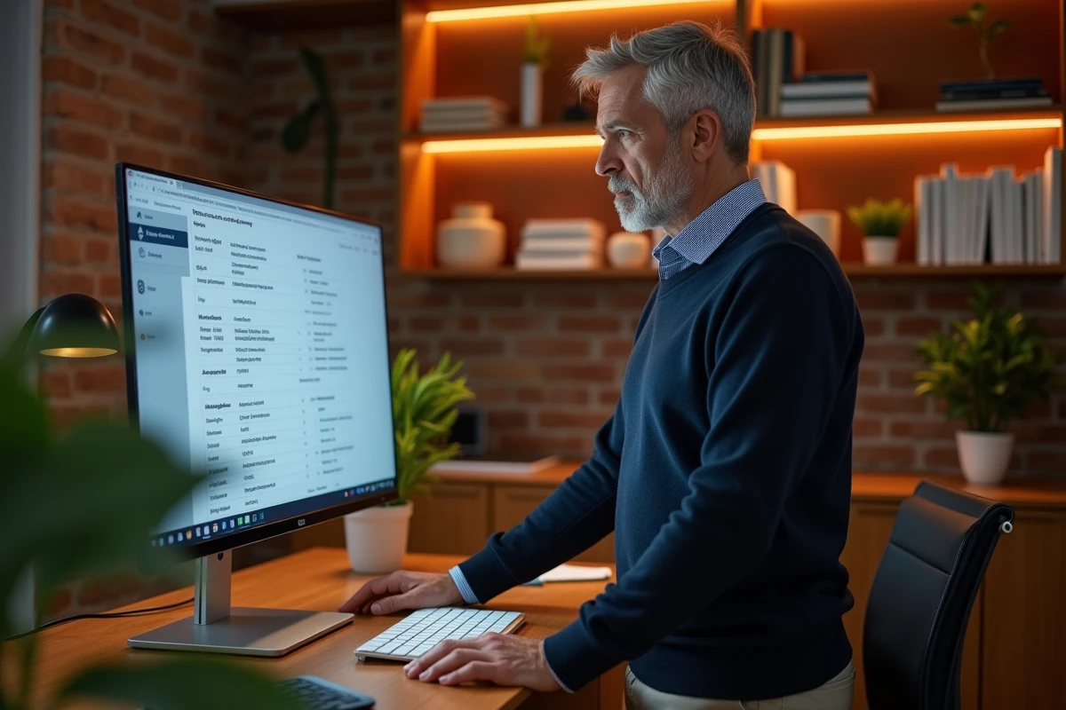 Chef d'entreprise B2B consultant une plateforme de conformité réglementaire sur grand écran dans un bureau à domicile moderne