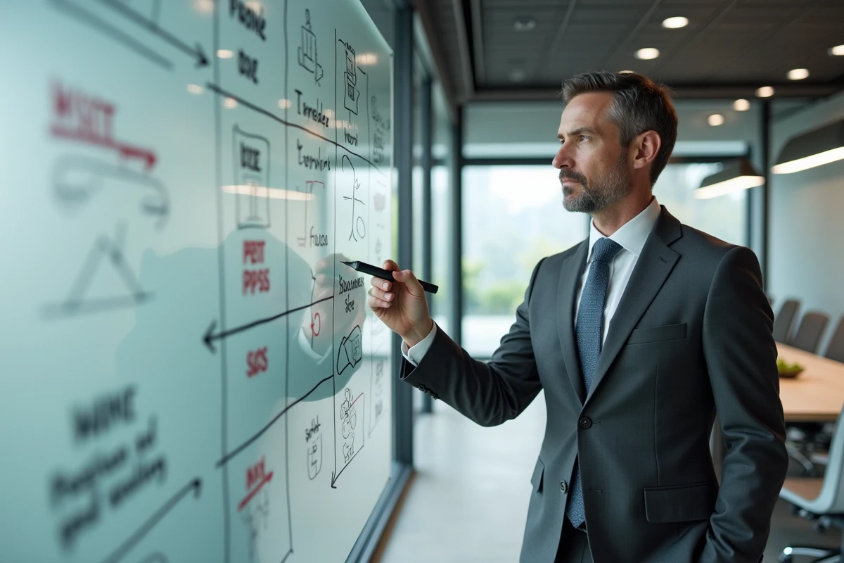 Entrepreneur présentant une comparaison stratégique de services d'entreprise sur un tableau blanc en salle de réunion
