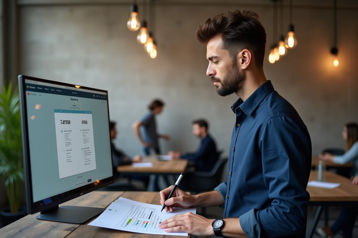 Entrepreneur masculin comparant deux solutions e-commerce dans un espace de coworking moderne avec double écran et notes imprimées