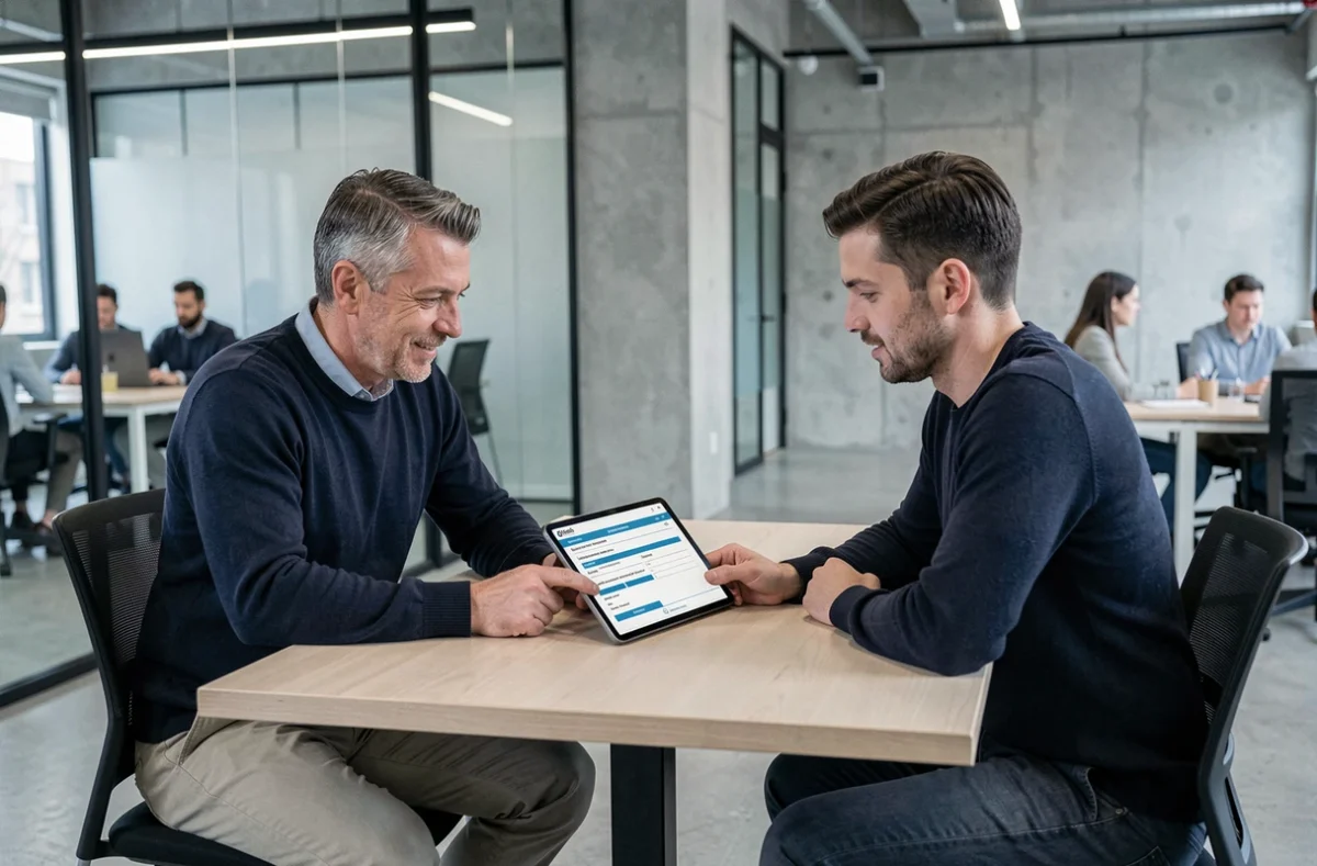 Entrepreneur masculin consultant un conseiller juridique sur les démarches de création d'entreprise via une plateforme en ligne dans un espace de coworking