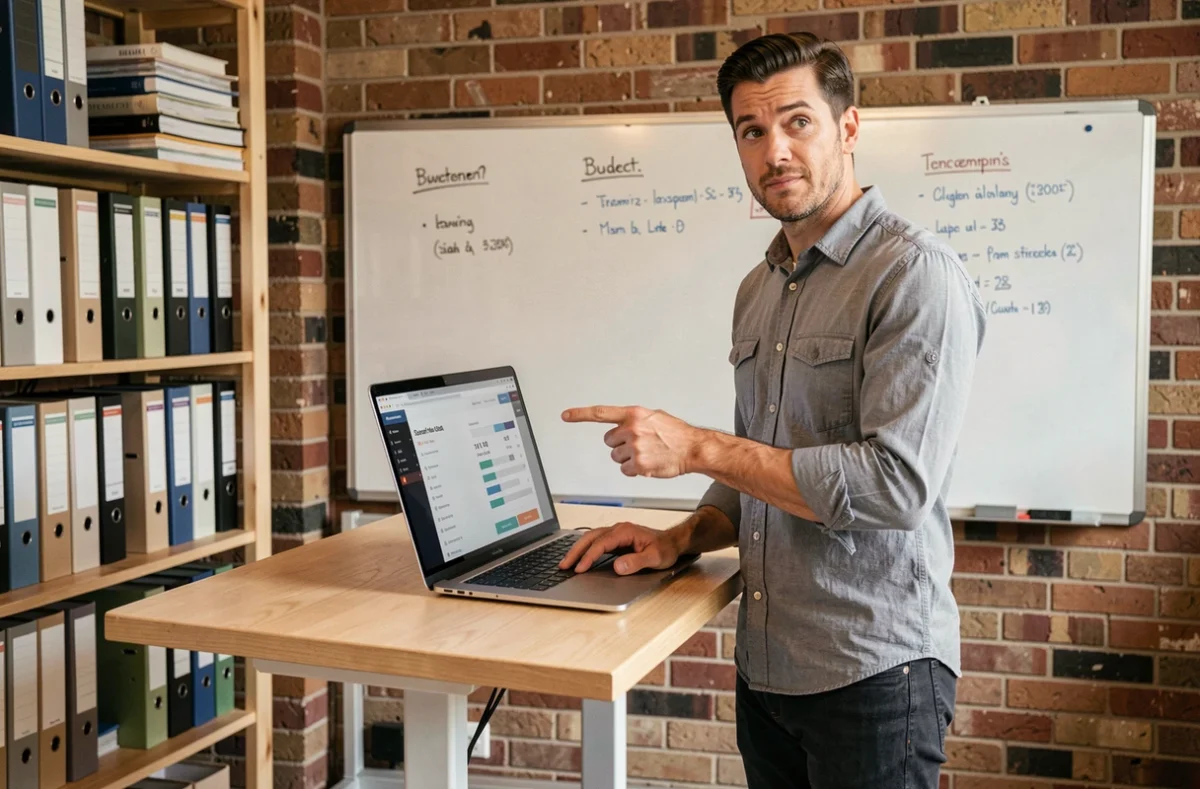 Entrepreneur découvrant les frais annexes d'un événement professionnel sur son ordinateur portable