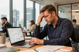 Entrepreneur frustré devant un tableau de bord Google Ads avec des performances en baisse, illustrant les erreurs courantes en PPC