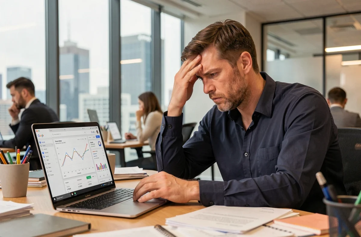 Entrepreneur frustré devant un tableau de bord Google Ads avec des performances en baisse, illustrant les erreurs courantes en PPC