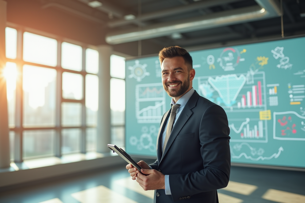 Entrepreneur confiant tenant une tablette dans un espace lumineux