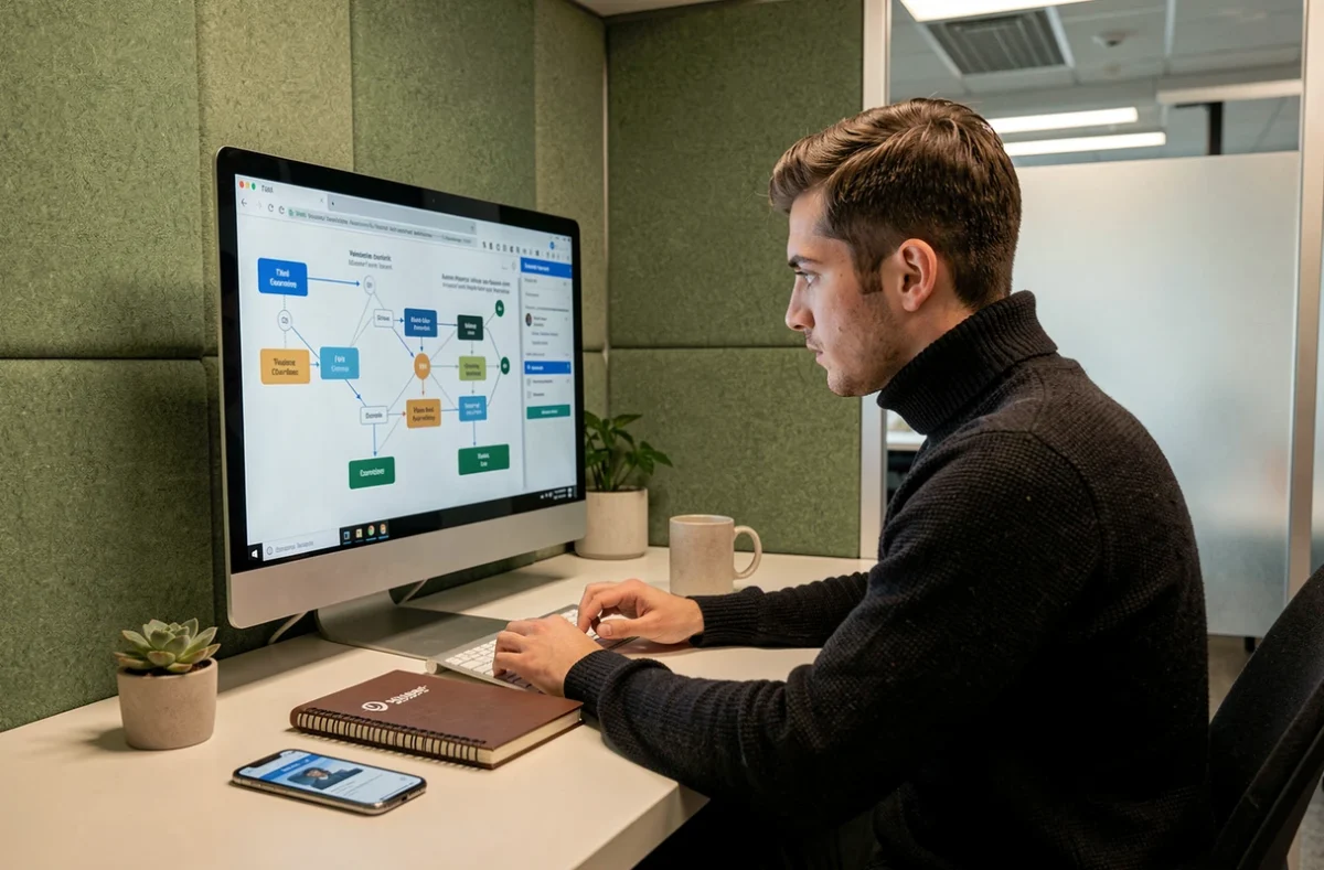 Entrepreneur concentré sur la création d'un workflow d'automatisation business dans un bureau privé moderne