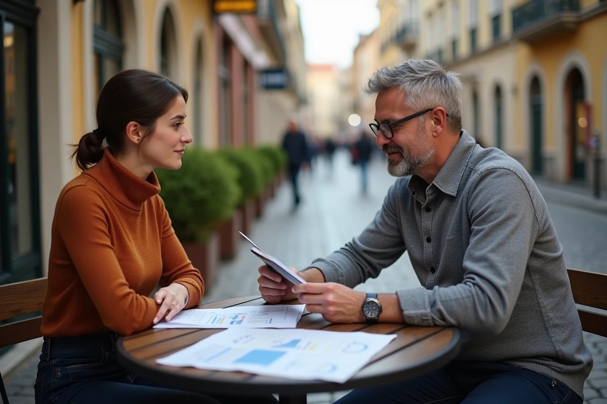 Deux entrepreneurs discutant d'alternatives commerciales autour de rapports imprimés en terrasse urbaine