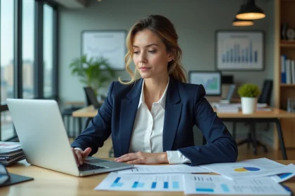 Entrepreneuse analysant des documents financiers et des alternatives commerciales dans un bureau moderne