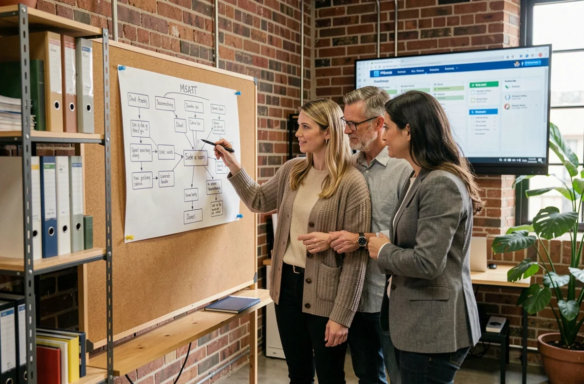 Une équipe de trois collègues analyse un diagramme de processus de collaboration affiché sur un tableau en liège dans un espace coworking, illustrant les bonnes pratiques de travail collaboratif et de limitation des risques avec Eurodir
