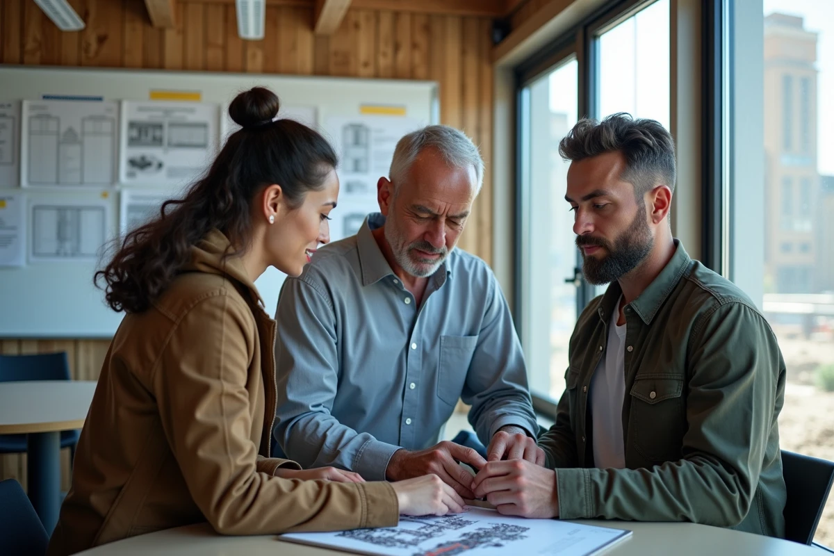 Équipe de professionnels de la construction collaborant sur des modèles 3D dans un bureau de chantier moderne