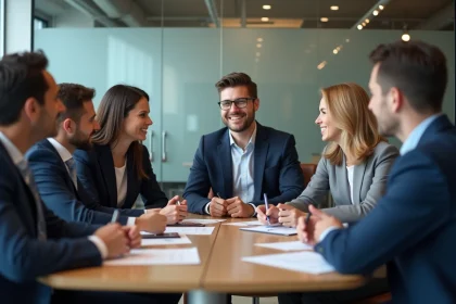 Groupe de professionnels en r&eacute;union d'&eacute;quipe en entreprise