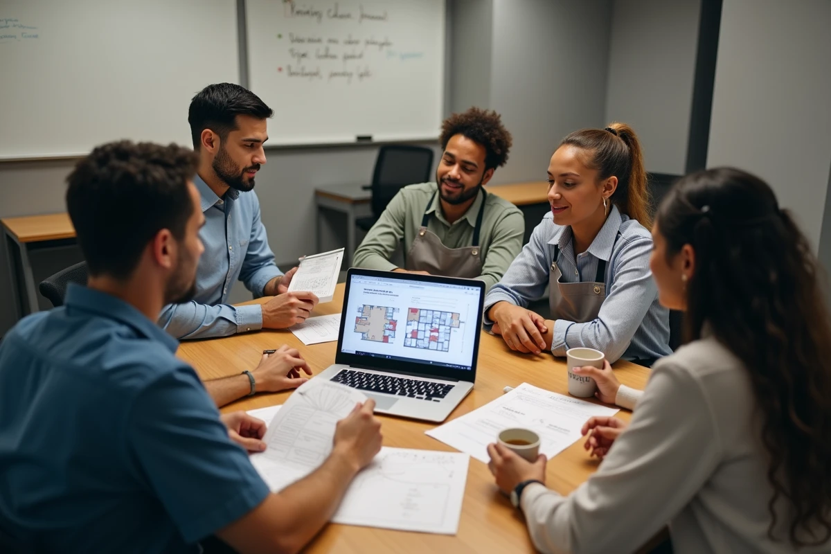 Équipe de vendeurs en formation interne autour d'une table avec un guide pratique sur la prévention du vol en commerce de détail