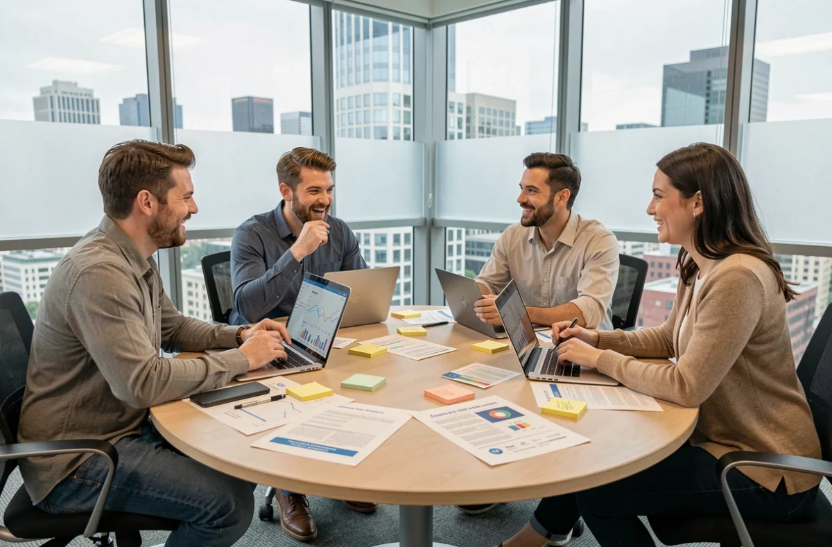 Équipe marketing collaborant autour d'outils IA pour optimiser la génération de leads qualifiés en réunion
