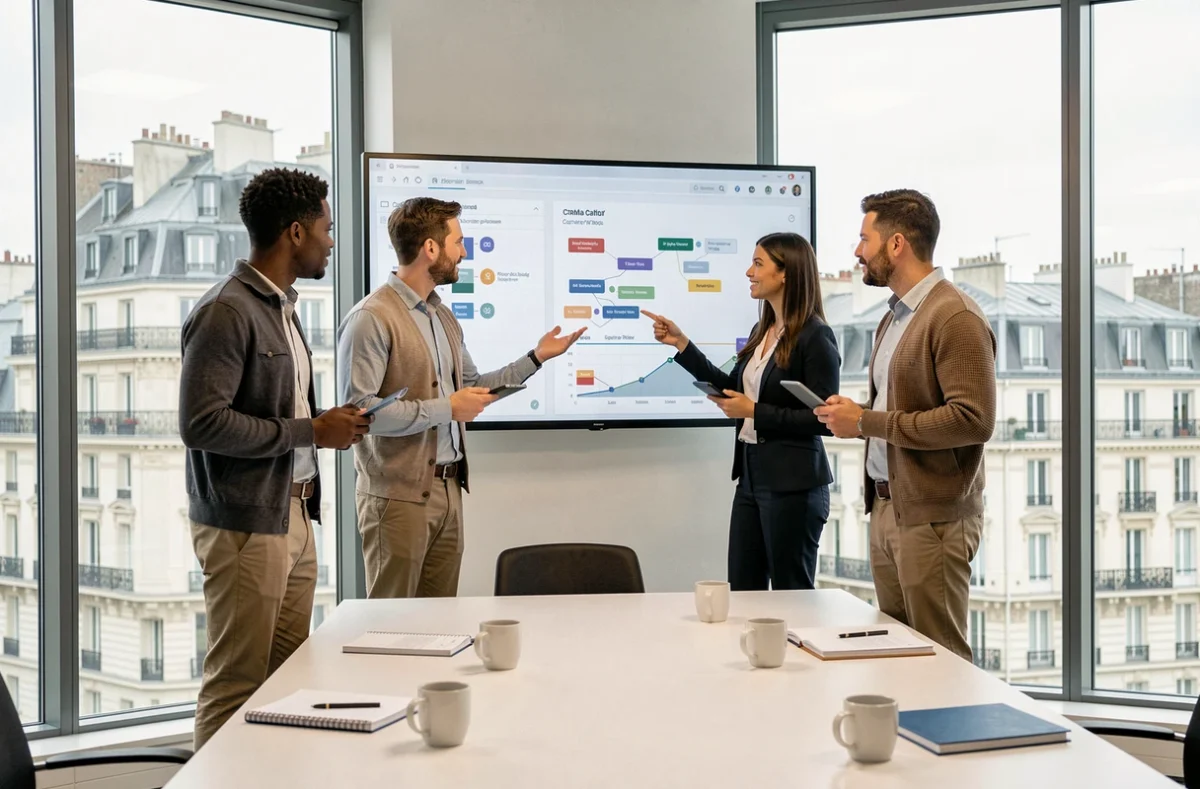 Équipe marketing en réunion autour d'un écran CRM avec vue sur Paris lors d'un workshop data